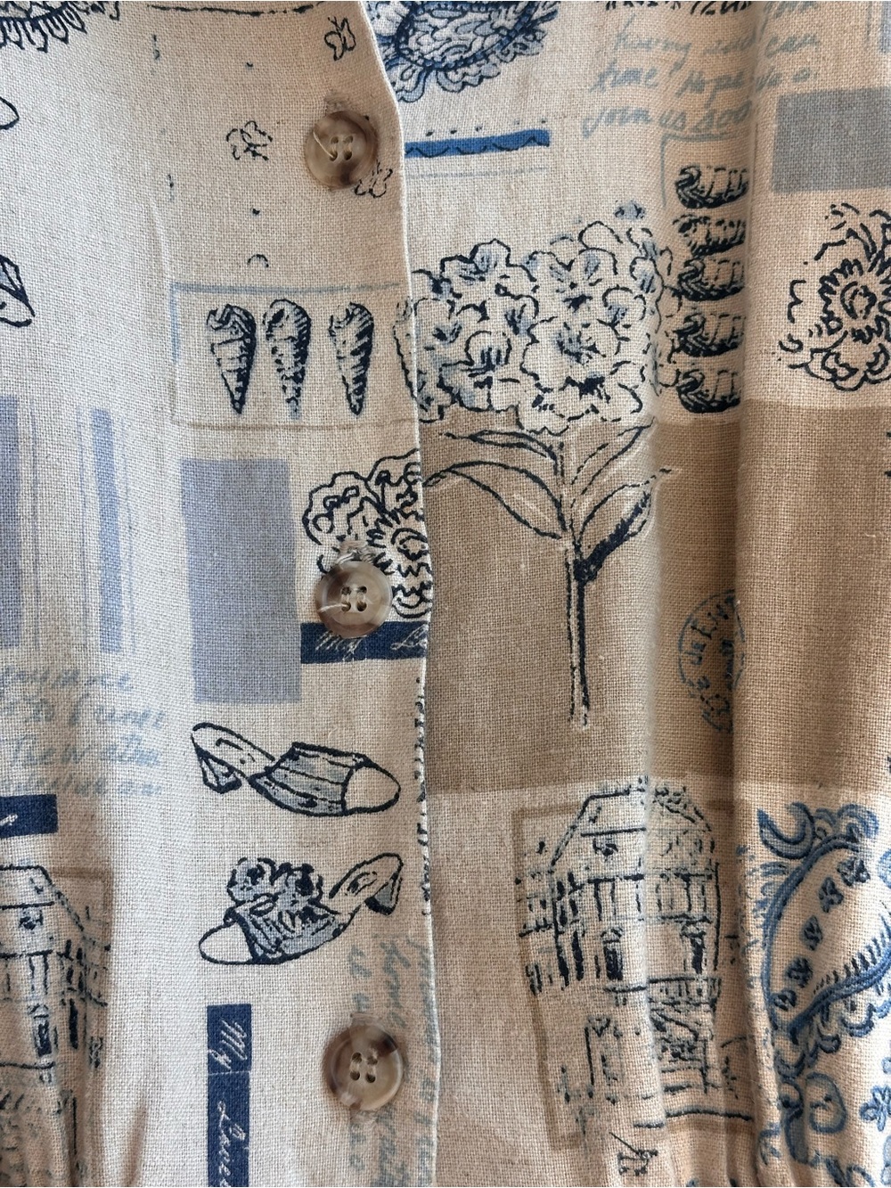 Rare Vintage Linen 70s/80s Printed Button-Front Midi Dress with Tie Waist - Picture 8 of 15